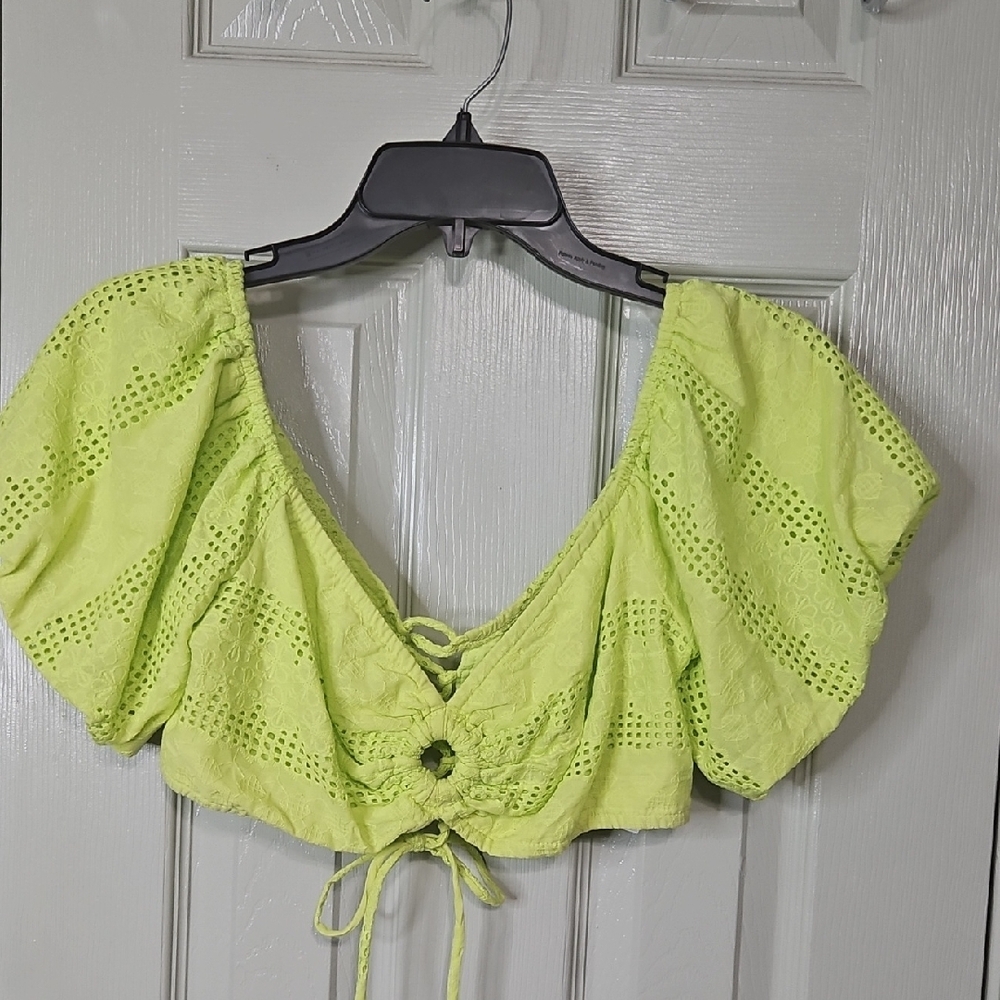 Wild Fable Green Ruched Crop Blouse with Tie Front